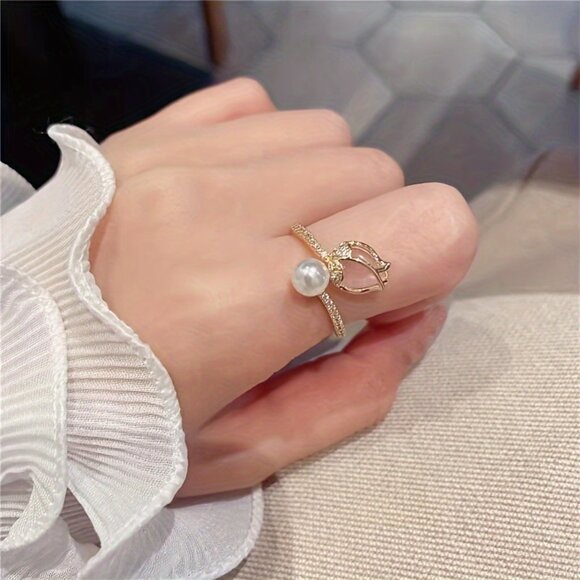 Pink Cubic Zirconia Tulip Pearl Adjustable Fashion Ring - Picture 1 of 5